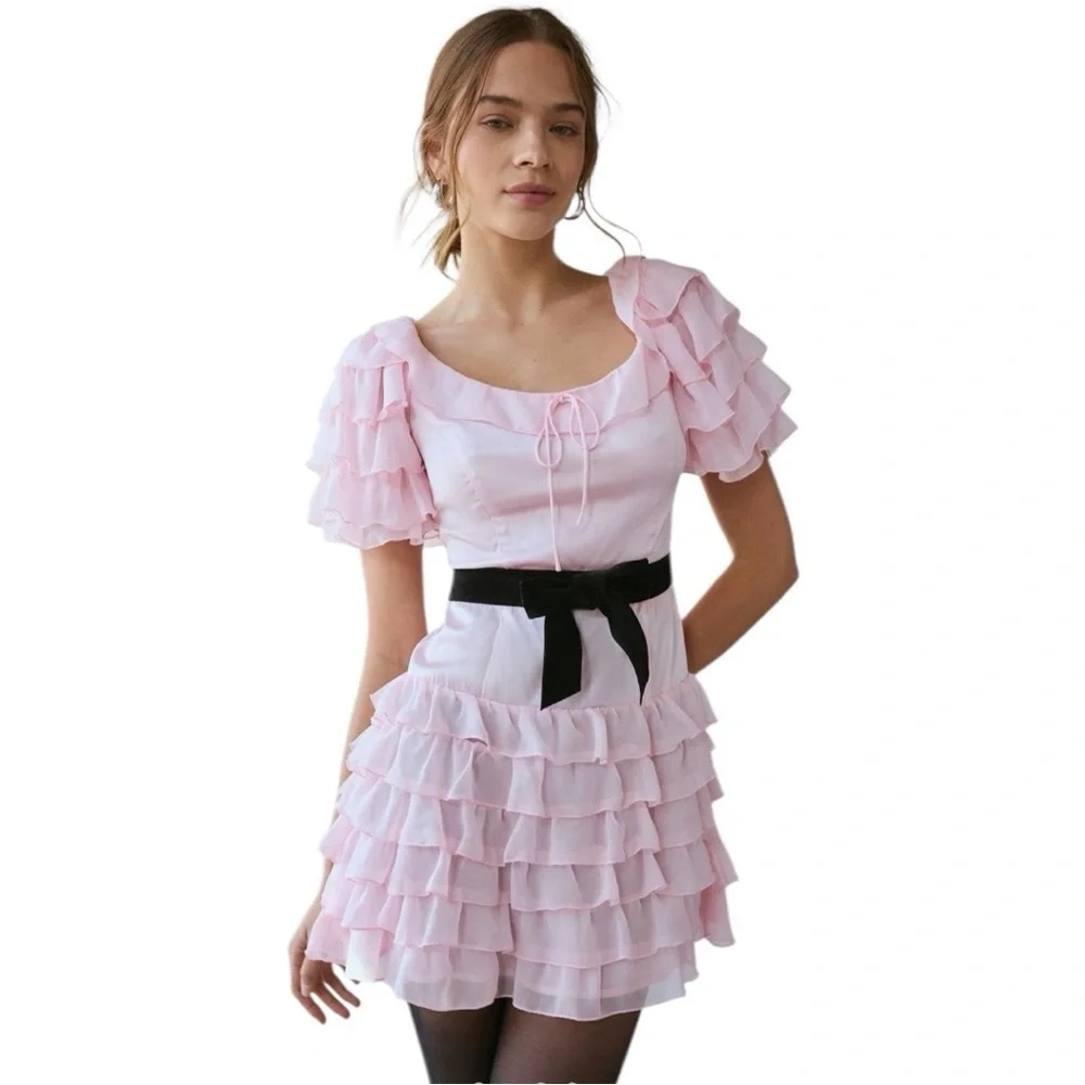 For Love & Lemons Danali Ruffle Pink Ruffle Mini Dress with Black bow - Picture 16 of 16